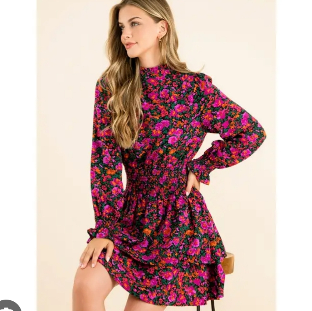 THML Purple Floral Pattern Mock Neck Charmichael Dress Women's Size Large NWT